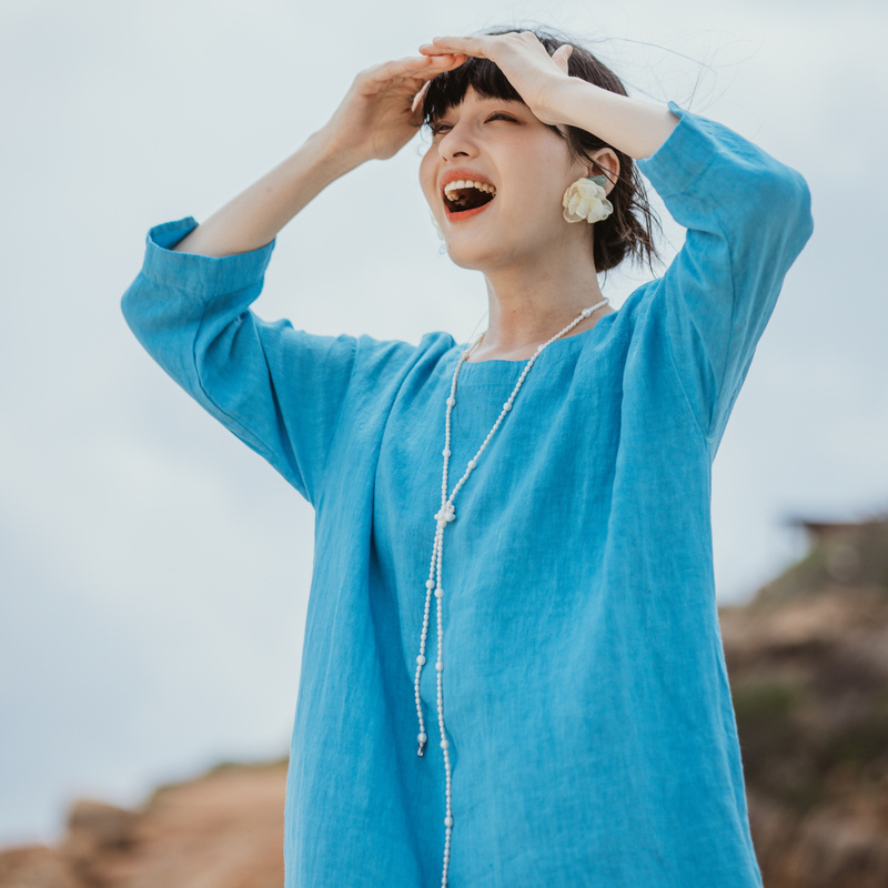 绽放旅行女装313朵/斯里兰卡蓝色干洗亚麻海边旅游穿搭度假连衣裙-图1