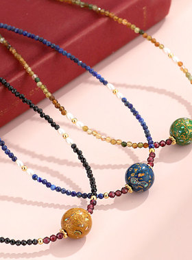 大漆珠细水晶项链925银扣带吊坠