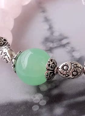 【青山雪】包邮 天然水晶手链女款 芙蓉粉晶浅绿色玉髓 手串