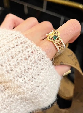 新中式绿玉髓珍珠镂空如意女戒