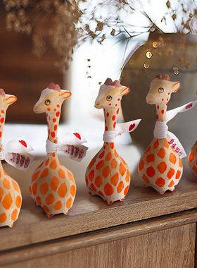 木玩世家长颈鹿小鹿家居摆件可爱桌面创意DIY木雕装饰客厅办公室