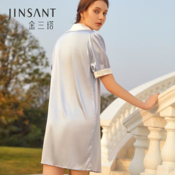 Jinsanta 100% mulberry silk nightgown ສໍາລັບແມ່ຍິງ bluebell embroidered doll collar pajamas silky ສະດວກສະບາຍໃນເຮືອນ