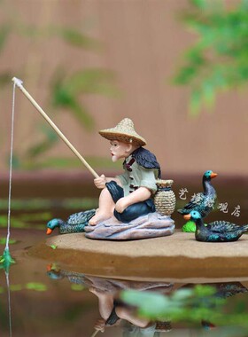天猫正品鱼缸专用造景摆件钓鱼翁姜太公钓鱼中式微景观吸水石假山