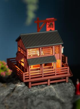 微景观酒楼建筑中式模型假山凉亭水陆缸盆景古建筑带灯摆件