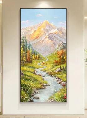 网红日照金山风景玄油画装道关饰画聚盆宝小鹿走廊过挂画楼梯水手