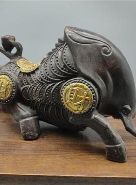 古玩铜器工艺品黄铜牛鎏金大钱牛做旧仿古摆件装饰收藏品新