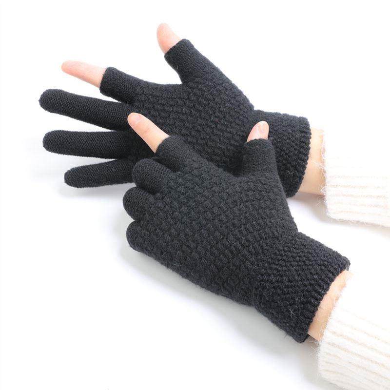 秋冬季保暖触屏手套男女韩版针织毛线加绒加厚漏二指学生半指手套,淘宝优惠券,粉丝福利购,淘宝优惠卷