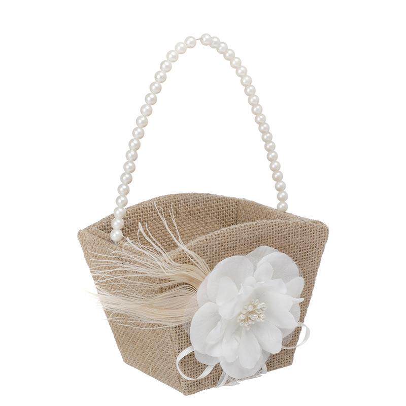 花童篮子珍珠手柄粗麻布黄麻篮婚礼手提麻布花篮戒枕套装喜糖喜庆,淘宝优惠券,粉丝福利购,淘宝优惠卷