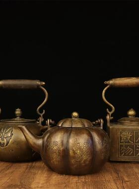 紫铜色壶铜茶壶酒壶仿古古玩收藏木把手提壶圆壶南瓜壶方壶脸谱壶