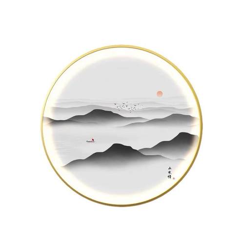 水墨山水圆形玄关装饰画新中式书房氛围灯画意境风景禅意茶室挂画 - 图3