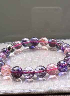 天然超七云母手链金草莓晶紫红黑发晶圆珠手串男女规格9mm左右
