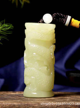 冰种阿富汗玉龙柱手把件男士盘龙柱辈辈福青白玉手玩件把玩件把玩