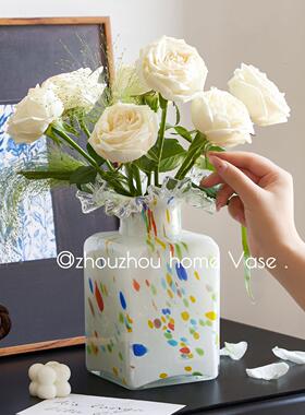 法式中古芬顿方形花瓶摆件客厅插花鲜花琉璃玻璃高级感花器装饰品