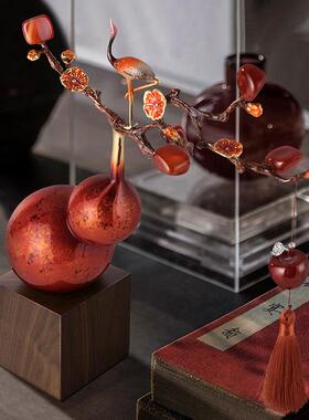 新中式福禄铜葫芦玛瑙摆件客厅办公室玄关家居装饰品乔迁新居礼品