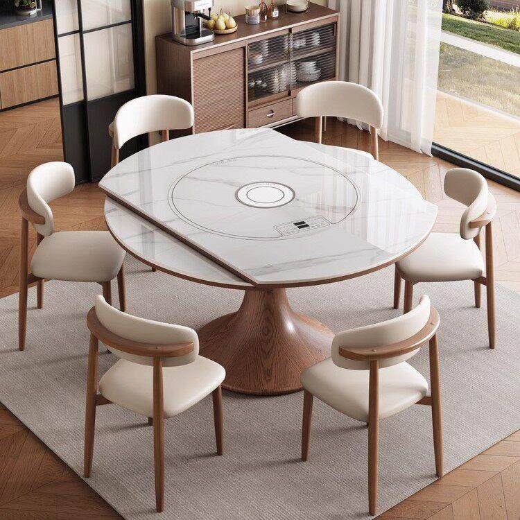 餐桌椅2025新款家用多功能岩板餐桌电磁炉火锅转盘伸缩实木变圆桌,淘宝优惠券,粉丝福利购,淘宝优惠卷