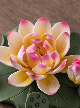 手工陶瓷莲花荷花瓷花朵禅意香插家居茶桌装饰工艺礼品摆饰佛前供