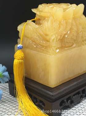 玉雕米黄玉龙头印章玉玺人工雕刻龙头摆件黄龙玉龙行天下礼品摆件