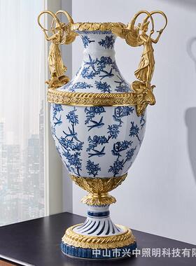 陶瓷配铜手绘孔雀系列家居摆件高端客厅别墅茶几果盘花瓶软装饰品