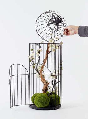 新中式创意大型落地梅花鸟笼仿真花摆件售楼处样板间橱窗软装摆设