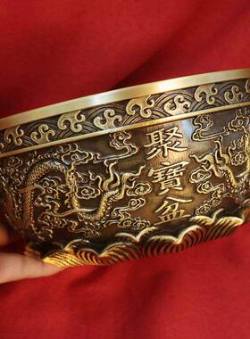 22cm双龙聚宝盆纯铜摆件家用二龙戏珠黄铜米缸客厅玄关招财装饰品