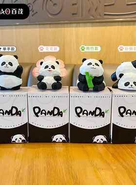 精品挂饰木雕风熊猫树脂公仔摆件创意精致熊猫花花家居桌面装饰品