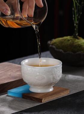 中国白德化杯子羊脂玉大口杯猪油主人杯品茗杯素烧茶具单杯精浮雕