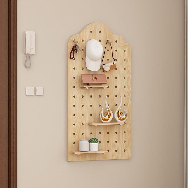 Solid wood perforated board storage rack, entrance wall hanging clothes storage shelf, customizable desk wall shape display