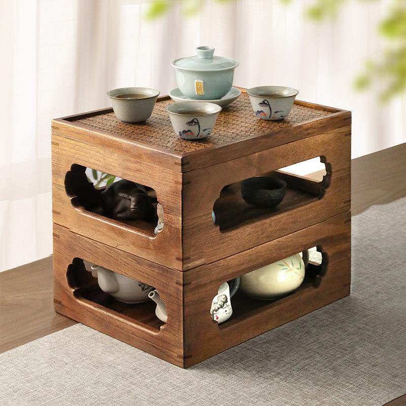 Yili solid wood Kung Fu tea set storage box dustproof tea tray purple clay pot storage rack teapot tea cup multifunction rack