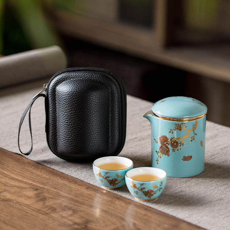 High-end West Lake Blue Portable Travel Tea Set Home Outdoor Simple Teapot Ceramic Ru Kiln Mutton Fat Jade