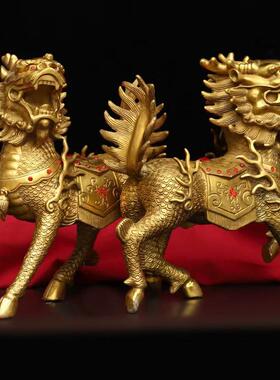 铜麒麟摆件对黄铜火麒麟财办VPR客厅公室招家一用福禄财福麒麟大