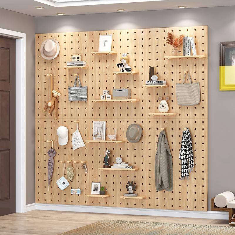 Solid wood hole board wall storage living room partition board receive details rack background wall simple wooden wall bookshelf