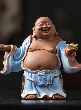 高档中式禅意紫砂弥勒佛陶古家瓷件居客厅茶室博架大肚摆笑佛装饰