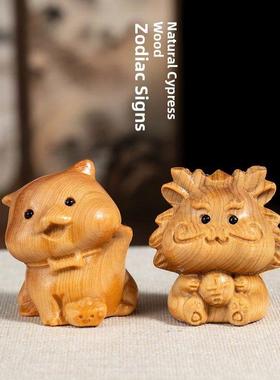 十二生肖图佳木雕卡通桌面木雕小摆件属于龙年手件装饰兔牛虎