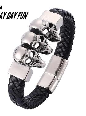Accessories Woven 3 Skull Leather Brlet Titanium Steel Men