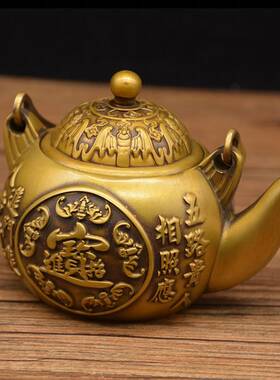 宏达黄铜压铸刻花小铜茶壶铜器工艺品摆件