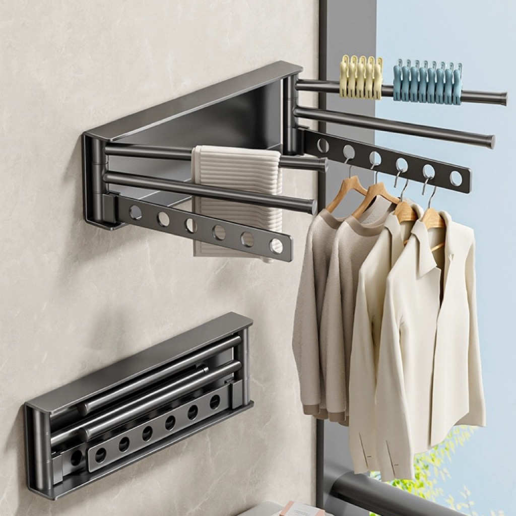 阳台免打孔晾衣杆晒衣服家用式多功能壁挂隐形晾衣架架子折叠 - 图1