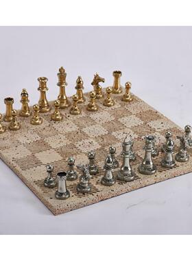 欧式轻奢皮革铜国际象棋摆件棋盘样板间客厅茶几桌面创意软装饰品