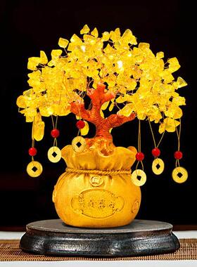 新款黄水晶发财树摆件客厅酒柜办公室聚财摇钱树装饰新店开业礼品