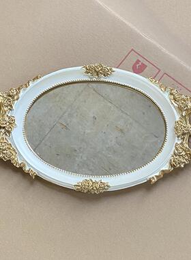 椭圆形欧式复古花边镜面印花托盘摆件结婚欧式雕花甜品茶盘子