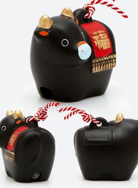 正品日本药窑生日肖土铃陶瓷师摆件黑色平安家居牛生吉祥物车载工