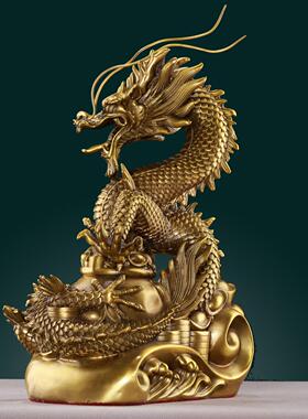 纯黄铜龙摆件聚宝盆龙家居客厅办公室装饰品龙戏珠龙腾四海龙摆设