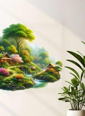 治愈绿色唯美风景贴画墙上客厅装饰小河流水贴画冰箱马桶贴纸自粘
