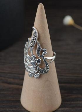 网红- S925银复古泰银工艺指环 开口女款中指孔雀时尚银戒指