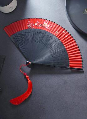 ch瓷爹骨扇折扇中国风红色易开合舞蹈扇古风汉服旗袍走秀跳舞折叠