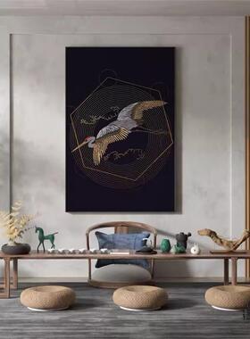 新中式黑色抽象仙鹤高级感茶室卧室客厅装饰画玄关壁画竖版挂画