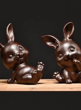 木雕兔子摆件实木家居客厅装饰轻奢高档木头玄关电视柜家居摆设