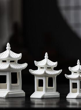 大号创意双层六角亭陶瓷摆饰古建筑微景观设计水族箱鱼缸造景装饰