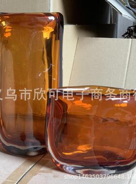 琥珀色轻奢琉璃扁形花器样板房间客厅酒店橘红色花瓶摆件