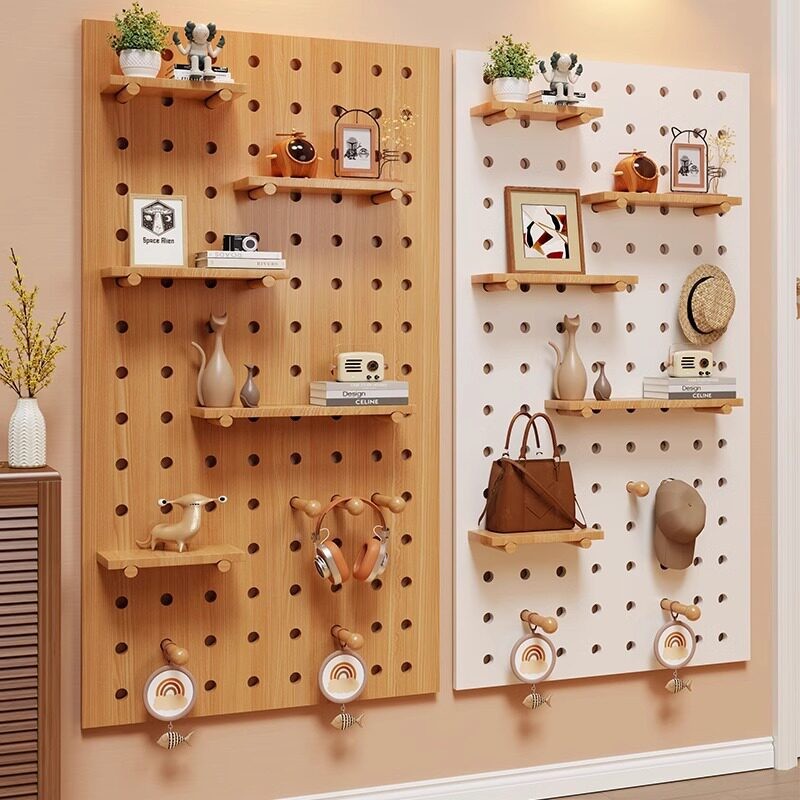 Solid wood hole board entrance door porch storage rack creative display rack wooden desktop wall desk storage layer