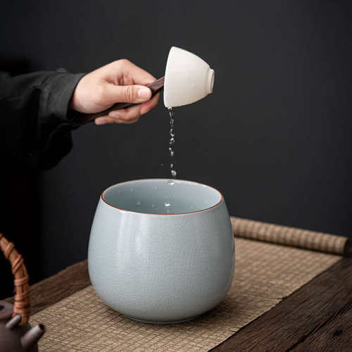9WOR陶瓷汝窑水盂茶洗建水茶水缸哥窑茶桶家用复古功夫茶渣缸功夫 - 图0